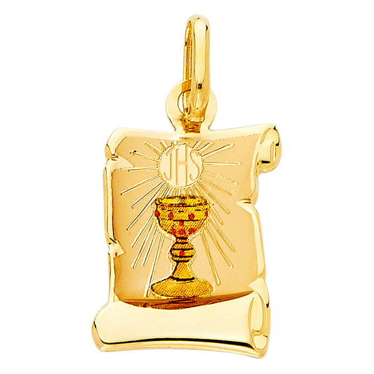 14K Yellow Gold First Communion Scroll Medal Pendant