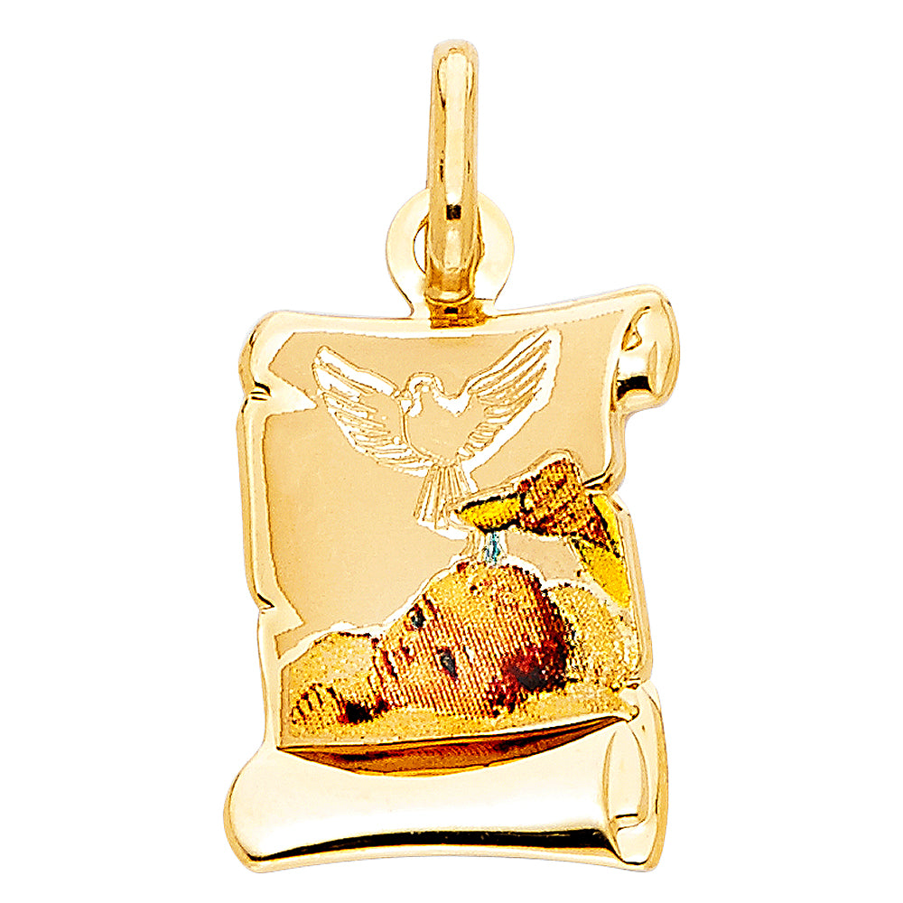 14K Yellow Gold Baptism Scroll Medal Pendant