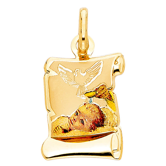 14K Yellow Gold Baptism Scroll Medal Pendant