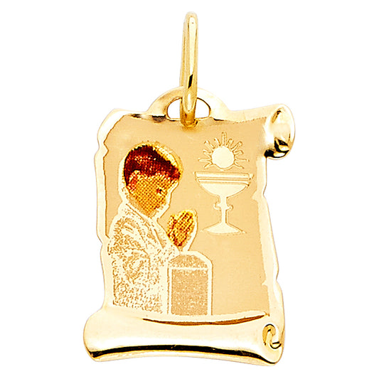14K Yellow Gold First Communion Scroll Medal Pendant