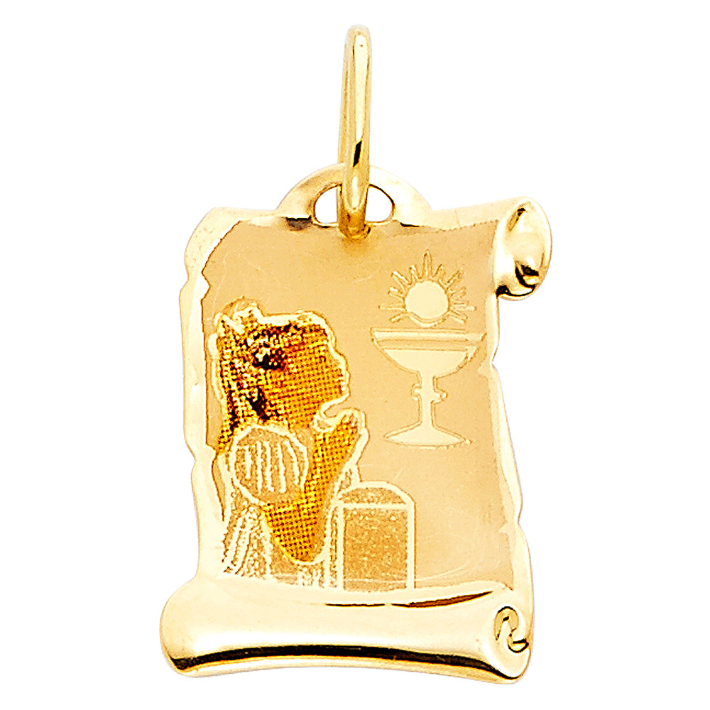14K Yellow Gold First Communion Scroll Medal Pendant
