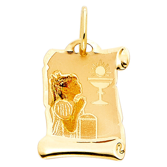 14K Yellow Gold First Communion Scroll Medal Pendant