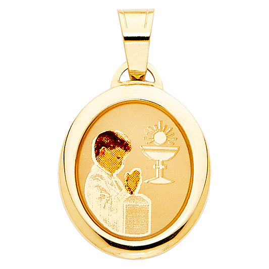 14K Yellow Gold First Communion Boy Oval Medal Pendant
