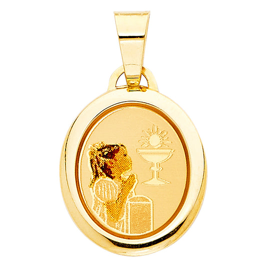 14K Yellow Gold First Communion Girl Oval Medal Pendant