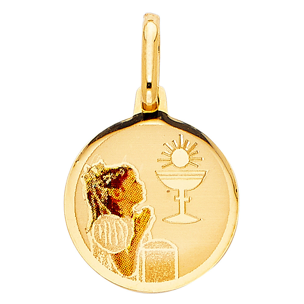 14K Yellow Gold First Communion Girl Round Medal Pendant