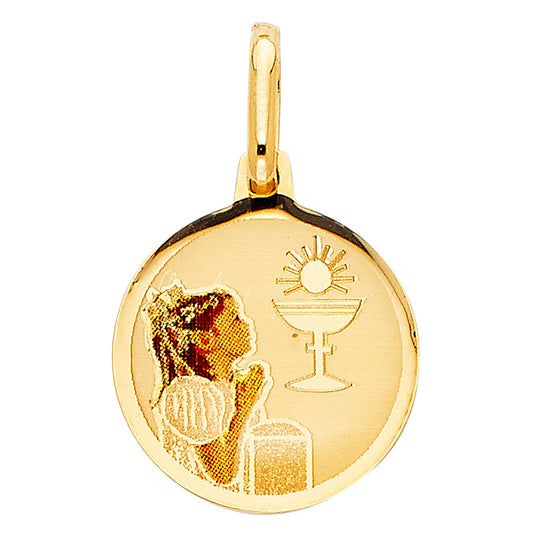14K Yellow Gold First Communion Girl Round Medal Pendant