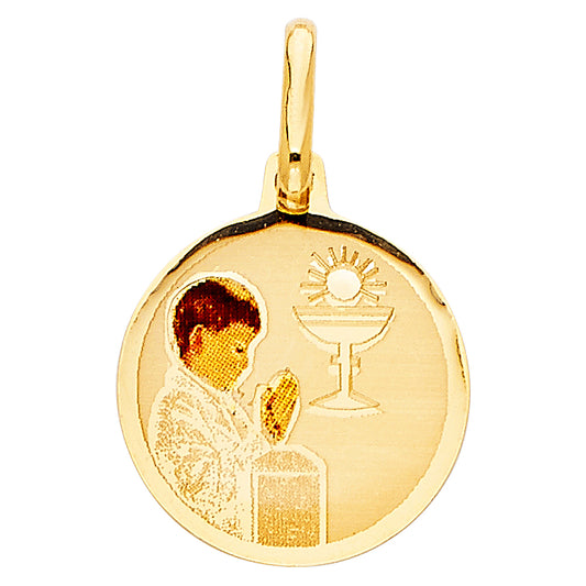 14K Yellow Gold First Communion Boy Round Medal Pendant