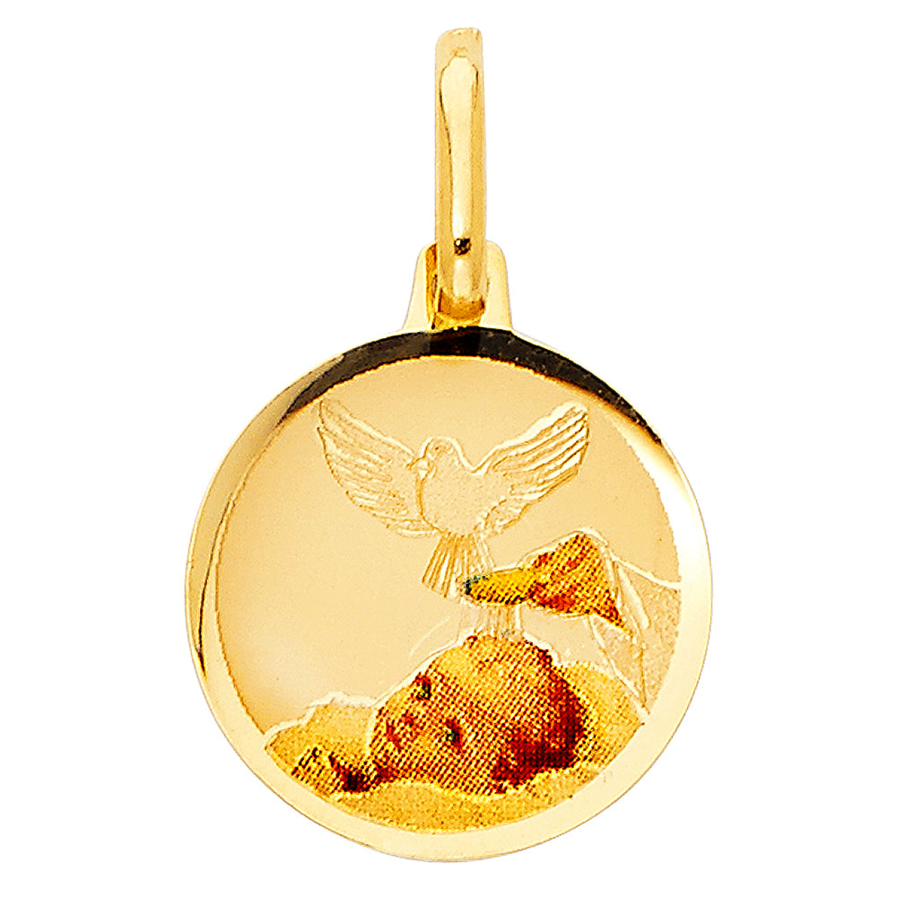 14K Yellow Gold Baptism Baby Round Medal Pendant