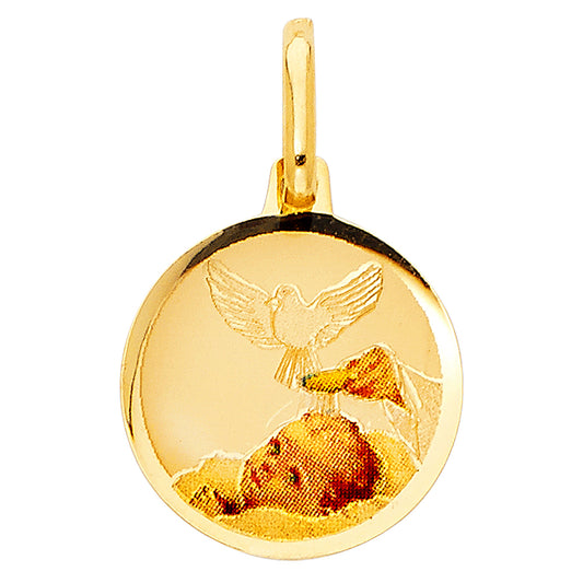 14K Yellow Gold Baptism Baby Round Medal Pendant