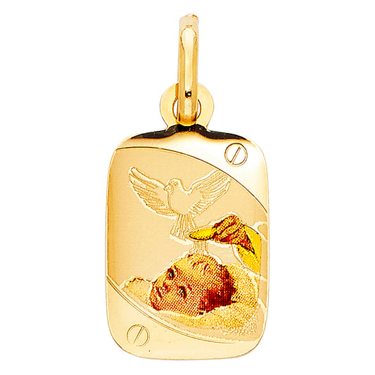 14K Yellow Gold Baptism Baby Rectangular Medal Pendant