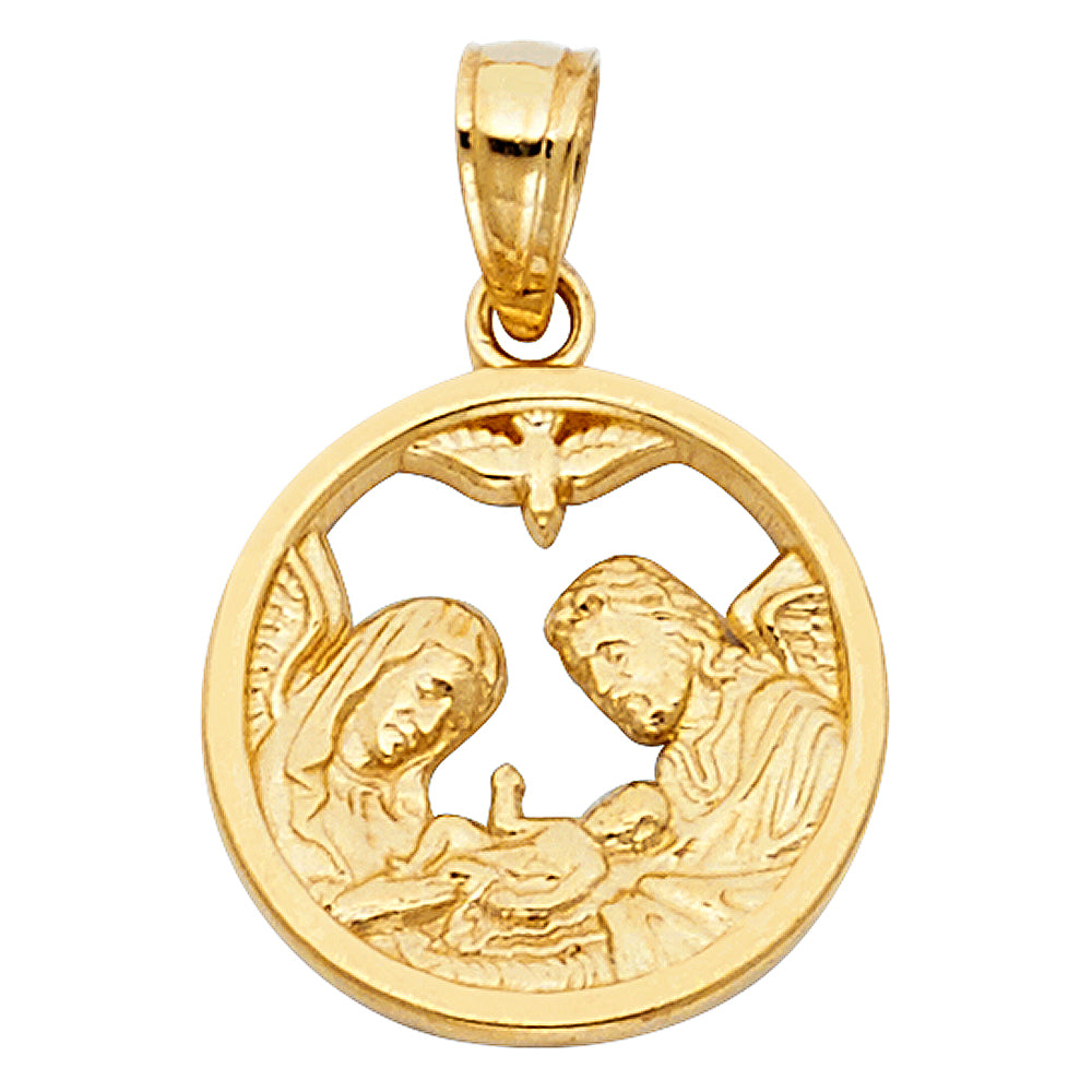 14K Yellow Gold Holy Family Nativity Round Pendant