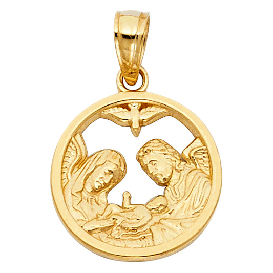 14K Yellow Gold Holy Family Nativity Round Pendant
