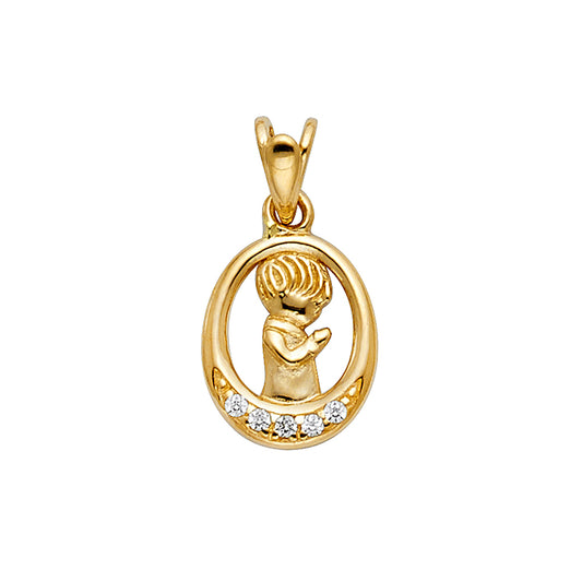14K Yellow Gold Praying Child Oval CZ Pendant