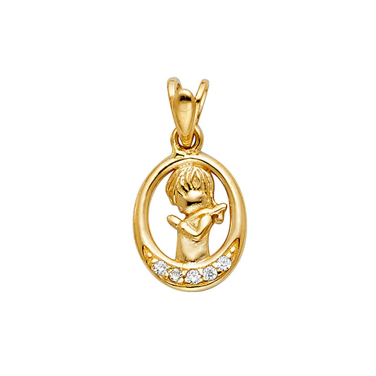14K Yellow Gold Praying Child Oval CZ Pendant
