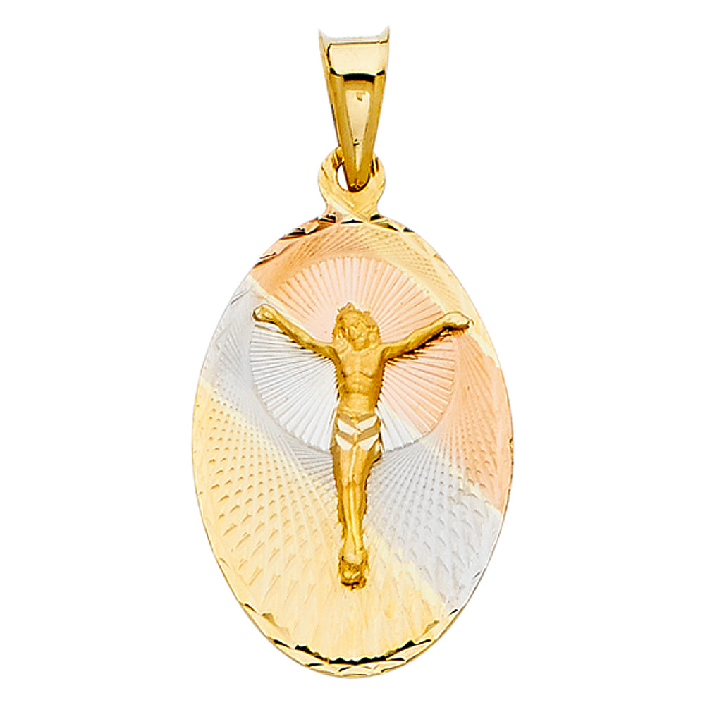 14K Tri-Color Gold Oval Crucifix Medallion