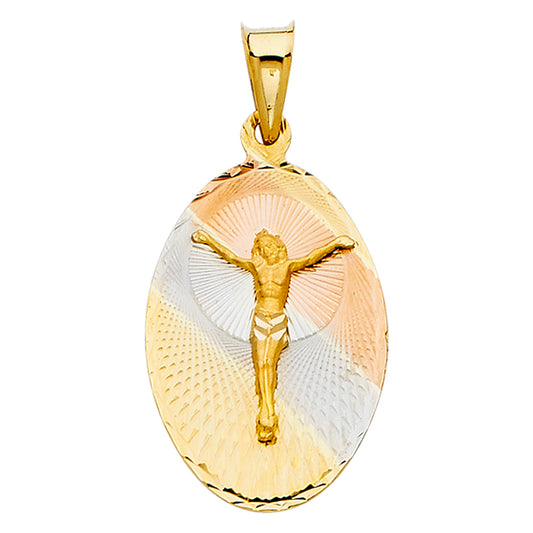 14K Tri-Color Gold Oval Crucifix Medallion