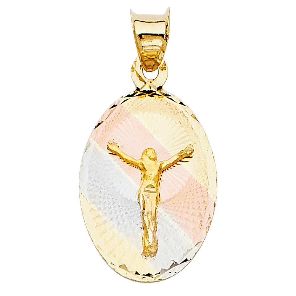 14K Tri-Color Gold Oval Crucifix Medallion