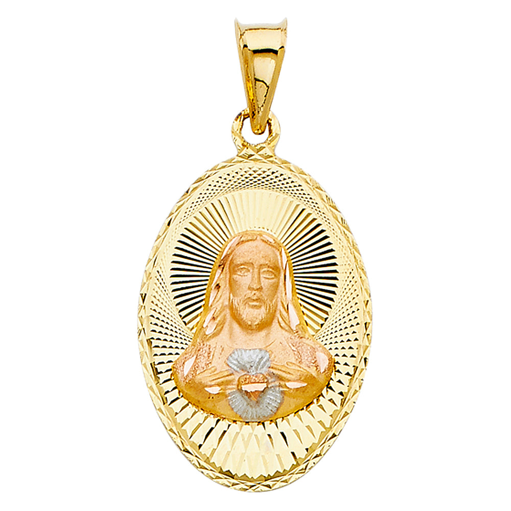 14K Tri-Color Gold Sacred Heart Jesus Oval Pendant aprox 1" tall