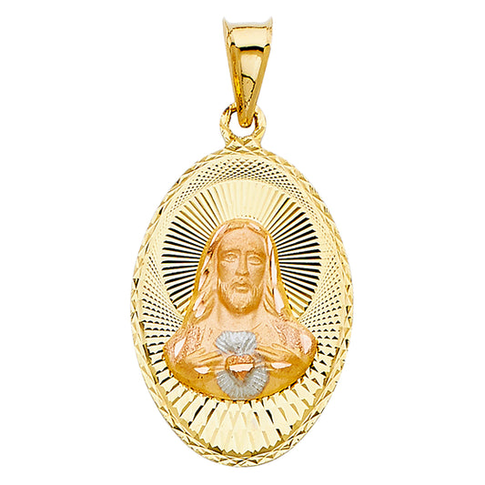 14K Tri-Color Gold Sacred Heart Jesus Oval Pendant aprox 1" tall