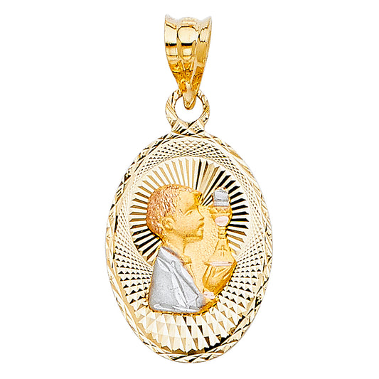 14K Tri-Color Gold First Communion Oval Medallion Pendant