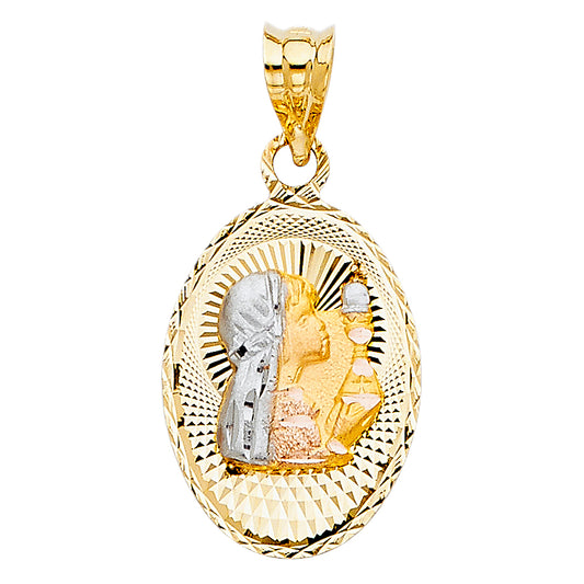 14K Tri-Color Gold First Communion Oval Medallion Pendant