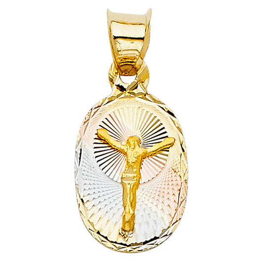 14K Tri-Color Gold Oval Crucifix Medallion