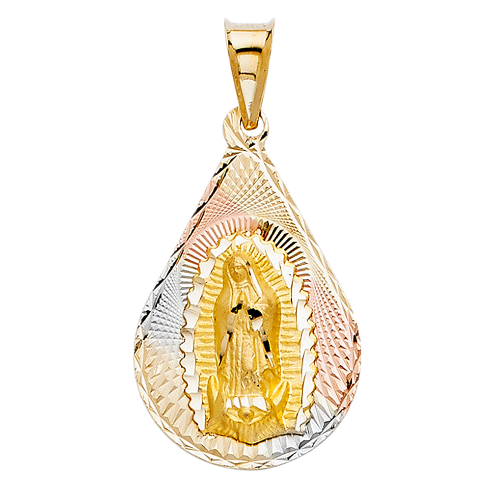 14K Tri-Color Gold Teardrop Oval Guadalupe Medallion