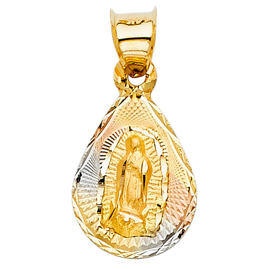14K Tri-Color Gold Teardrop Oval Guadalupe Medallion