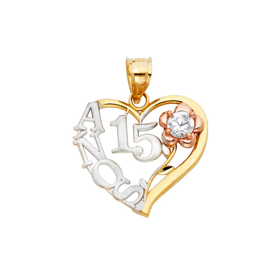 14K Tri-Color Gold Quinceañera Heart Pendant with Flower Accent