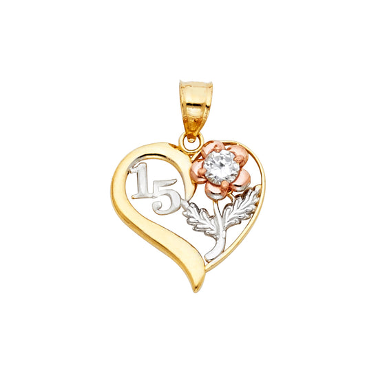 14K Tri-Color Gold Quinceañera Heart Pendant with Rose and Leaf Accent