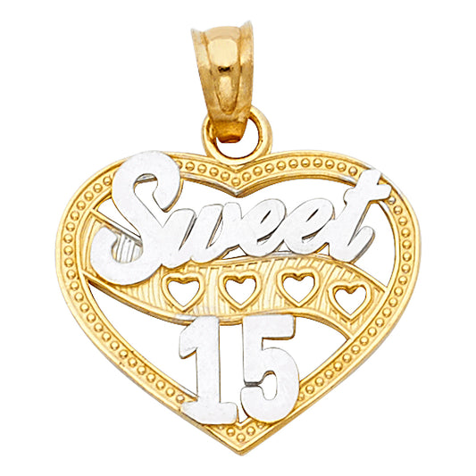 14K Two-Tone Gold Sweet 15 Heart Pendant with Cutout Hearts