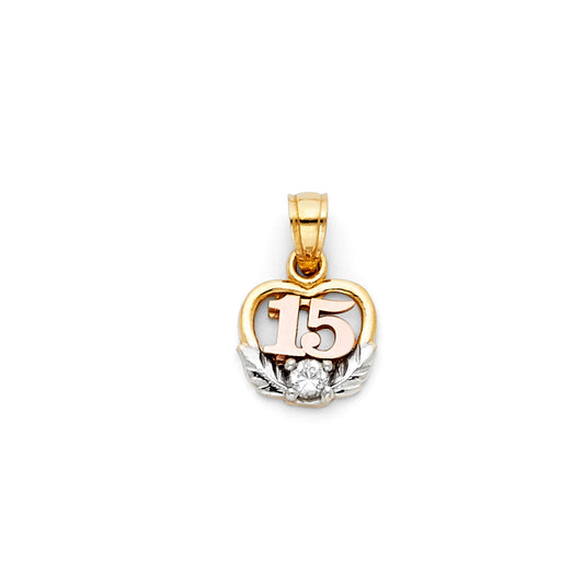 14K Tri-Color Gold Quinceañera Heart Pendant with Laurel and CZ Accent
