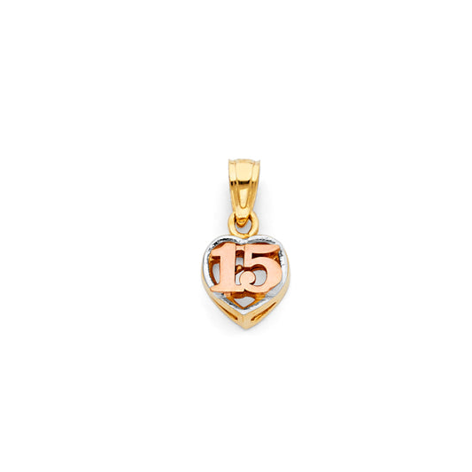 14K Tri-Color Gold Quinceañera Heart Pendant with Openwork Design