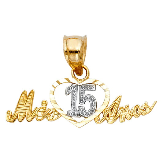 14K Two-Tone Gold Mis 15 Años Heart Pendant with Diamond-Cut Details