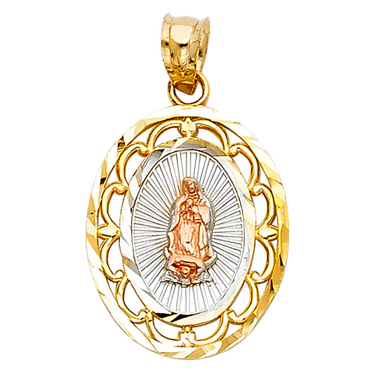 14K Tri-Color Gold Virgen de Guadalupe Oval Pendant