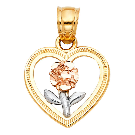 14K Tri-Color Gold Heart and Rose Design Pendant