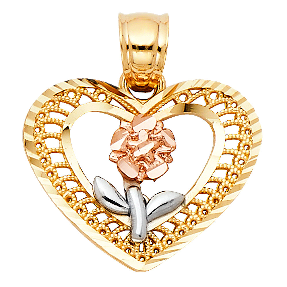 14K Tri-Color Gold Heart and Rose Design Pendant
