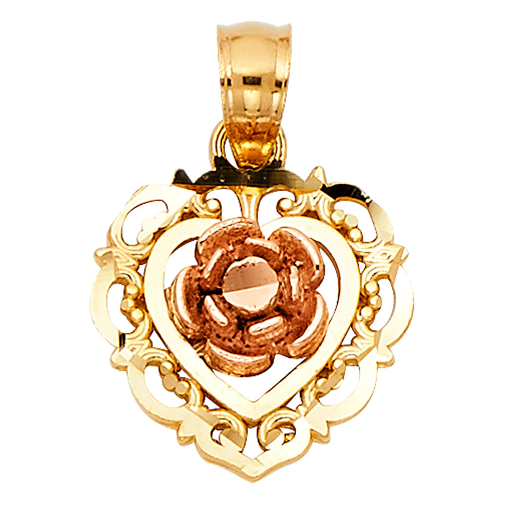14K Two-Tone Gold Heart and Rose Design Pendant