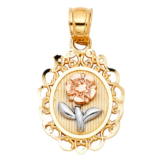 14K Tri-Color Gold Oval Filigree Flower Pendant