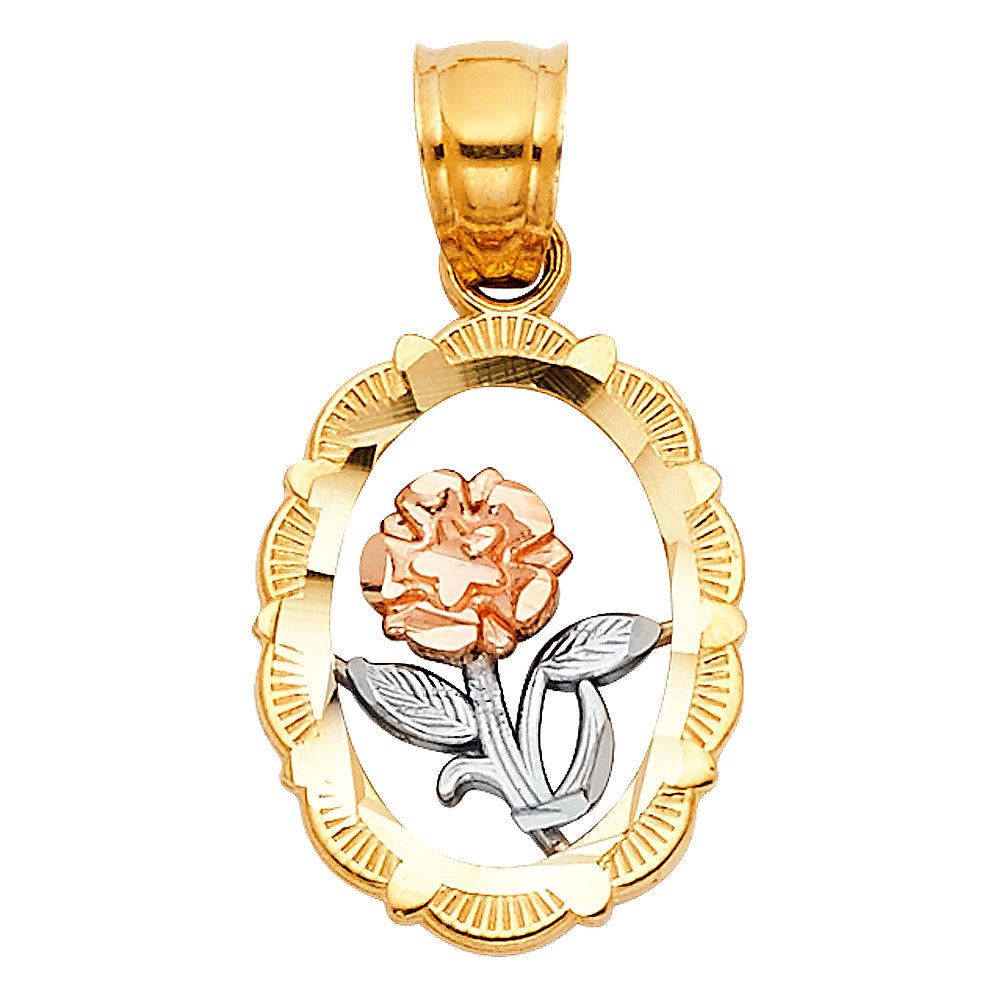 14K Tri-Color Gold Oval Flower Pendant