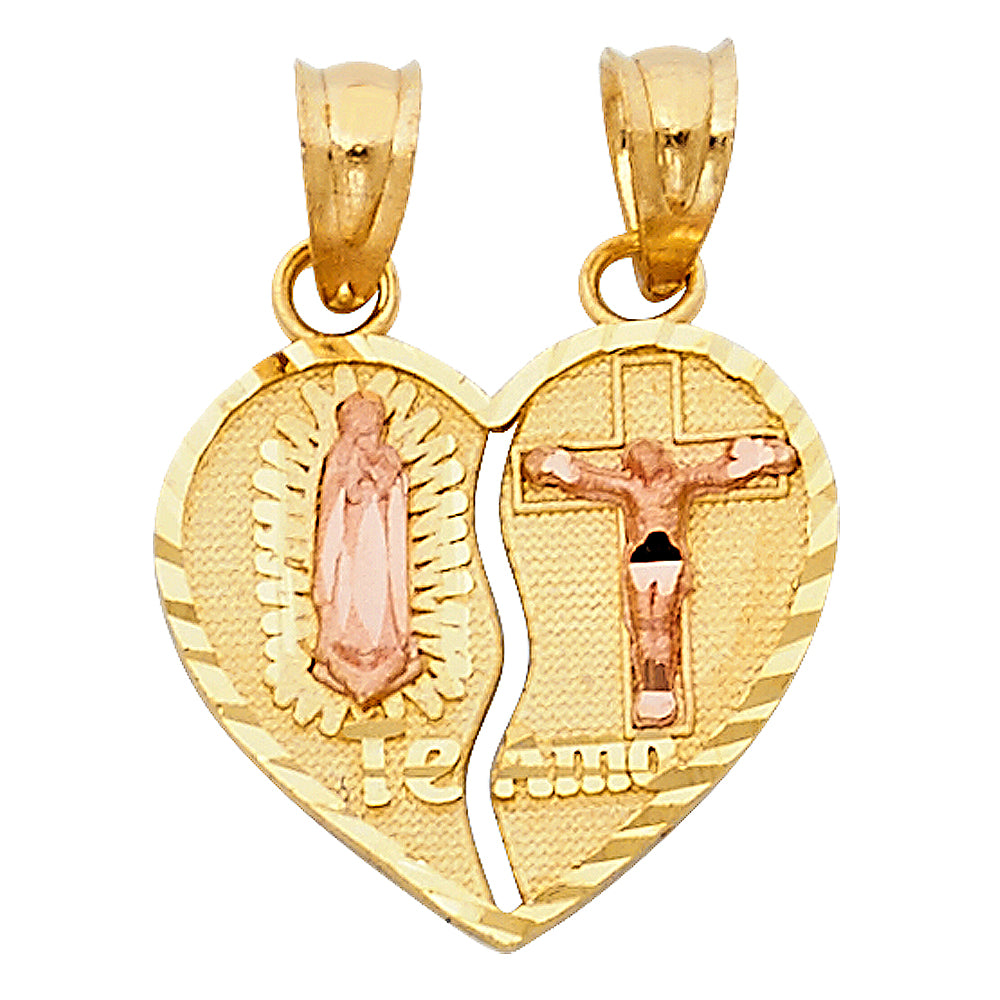 14K Tri-Color Gold Double Sided / Reversible Virgin Guadalupe & Crucifix “Te Amo” Heart Pendant