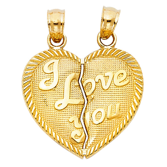 14K Yellow Gold Double Sided / Reversible “I Love You” Split Heart Pendant