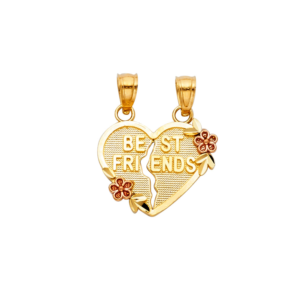 14K Two-Tone Gold Double Heart “Best Friends” Pendant with Flowers