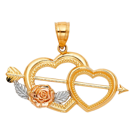 14K Tri-Color Gold Double Heart Arrow & Rose Design Pendant