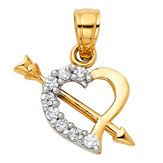 14K Two-Tone Gold Heart Arrow Design CZ Pendant