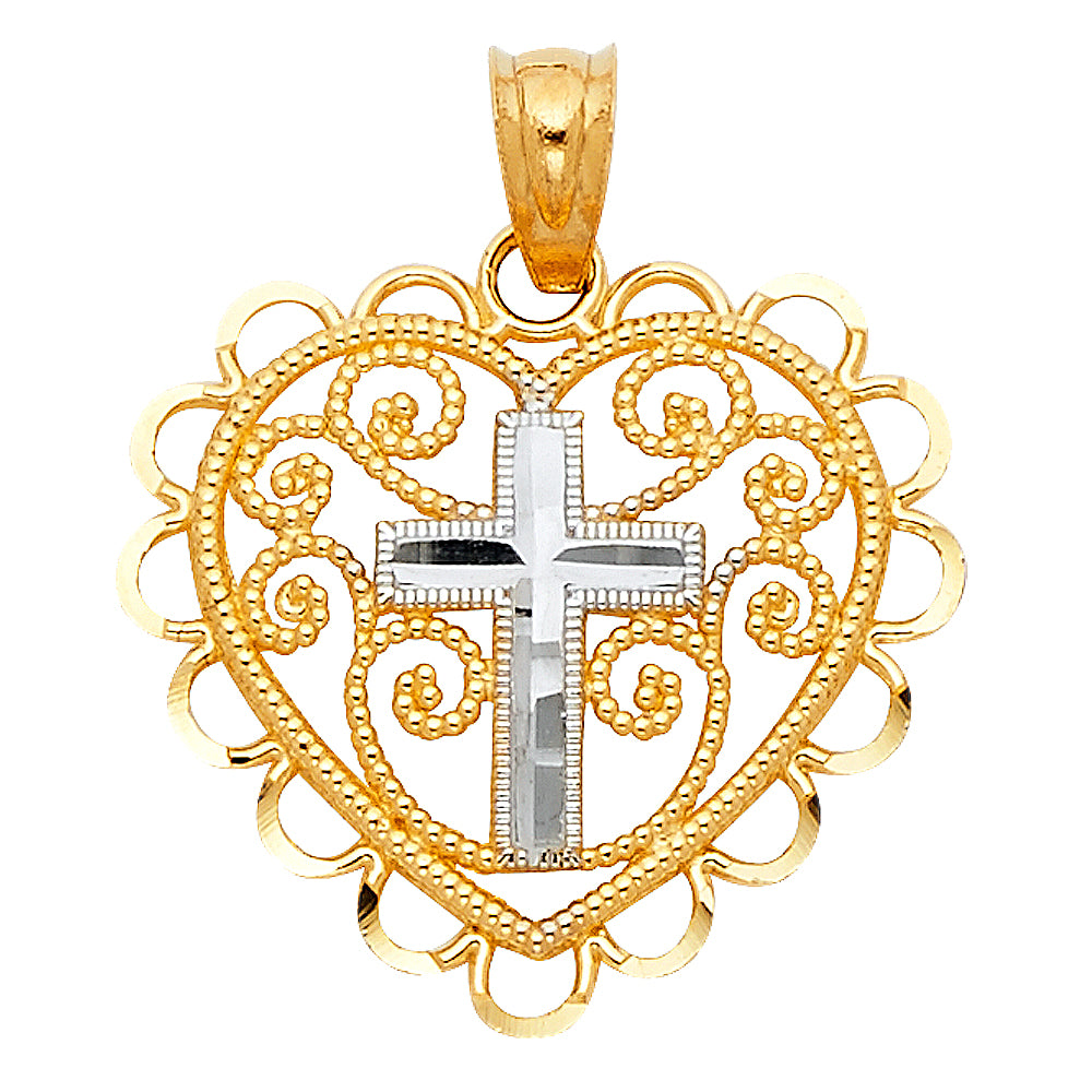 14K Two-Tone Gold Filigree Heart Pendant with Diamond-Cut Cross