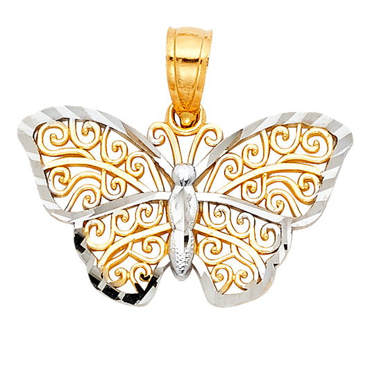 14K Two-Tone Gold Filigree Butterfly Pendant
