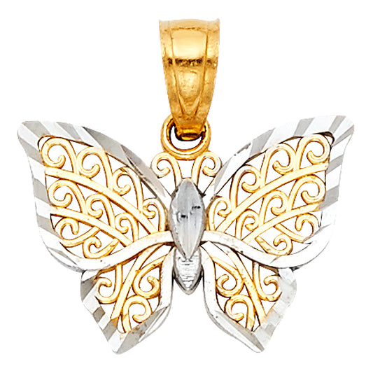 14K Two-Tone Gold Filigree Butterfly Pendant