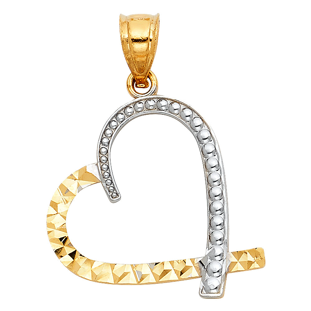 14K Two-Tone Gold Open Heart Pendant with Diamond-Cut and Beaded Detail