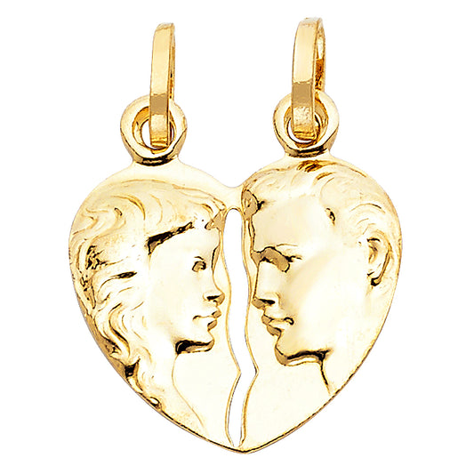 14K Yellow Gold Double Sided Broken Heart Couple Portrait Design Pendant